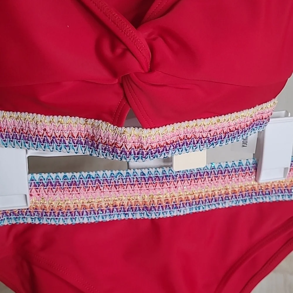 New with tags! Seamoly Womens XS red twist bikini colorful zig zag trim swimsuit